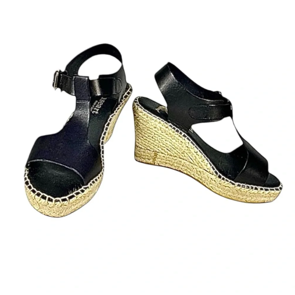 PASEART Black Leather Strappy Espadrille Wedges Made In Spain EU 38 US 7 Medium